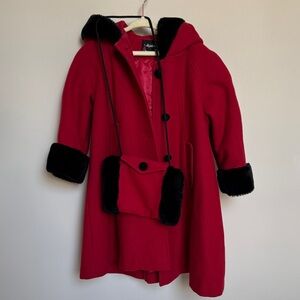 100% wool Red Kids Coat with Black faux fur Accents
